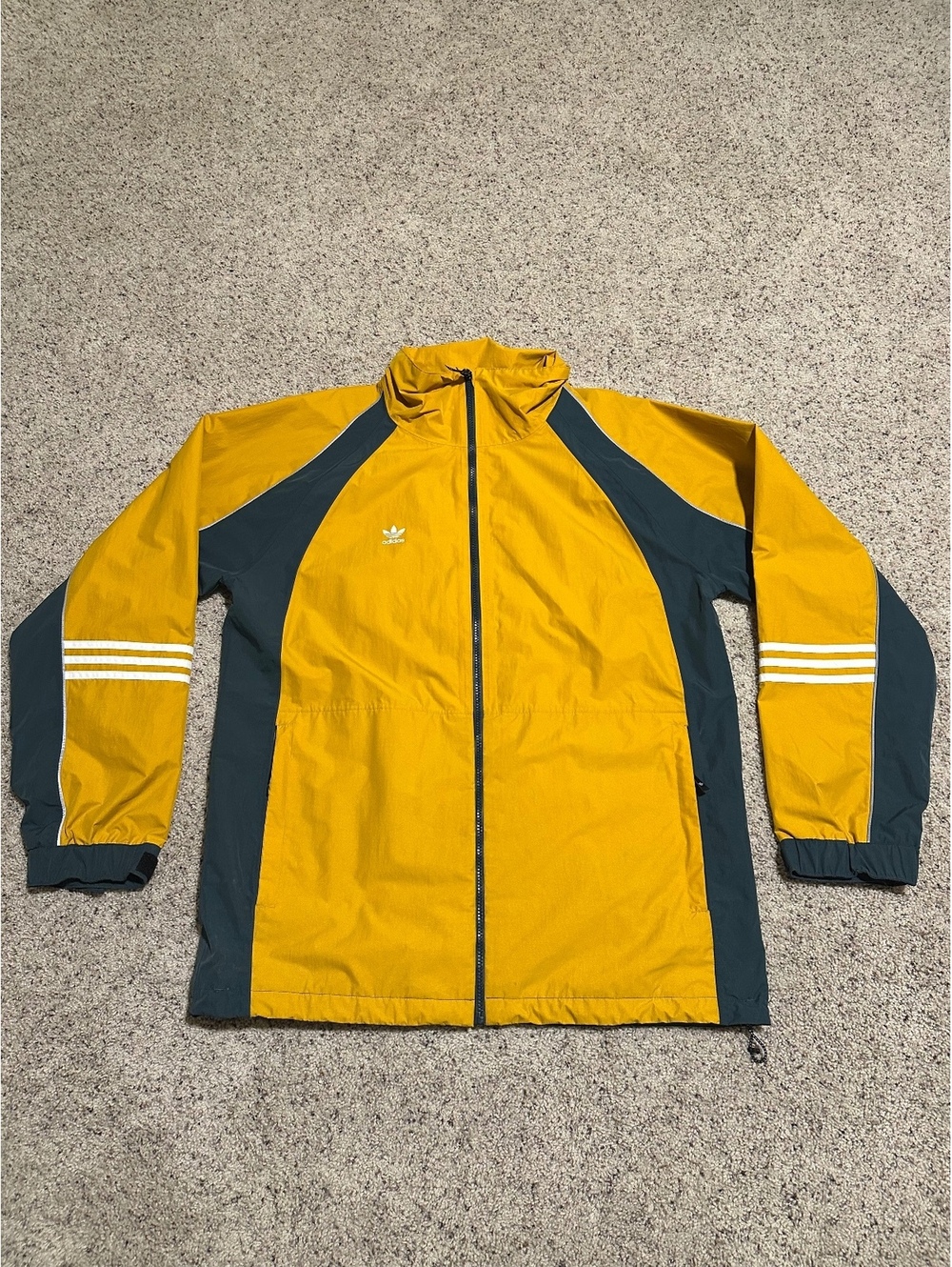 Adidas Yellow and Dark Green Track Jacket with White Stripes